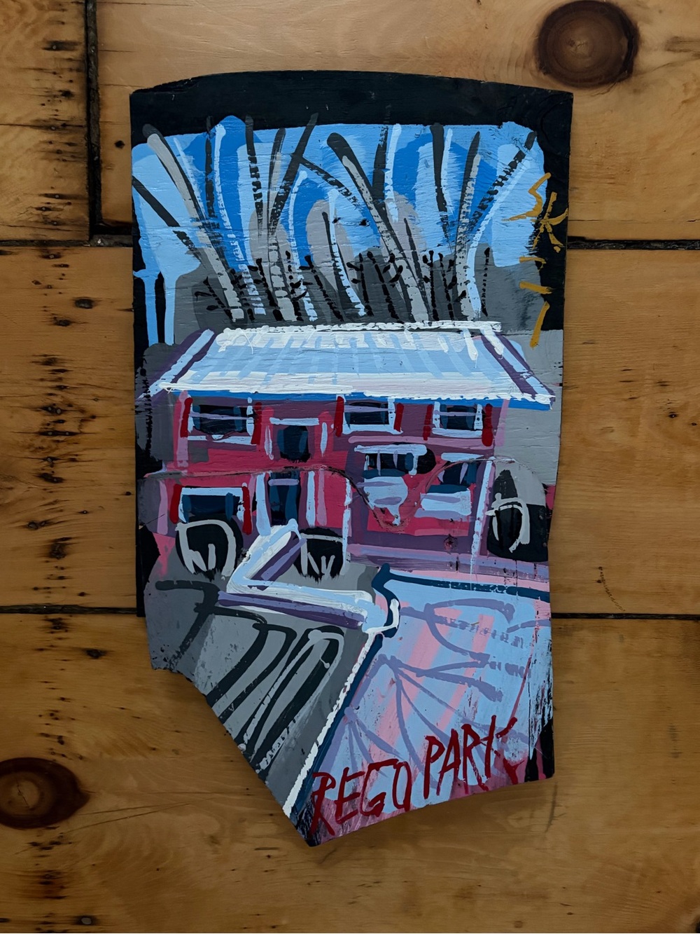 Steve Keene Original Hand-Painted Urban House Acrylic on Wood “Rego Park”